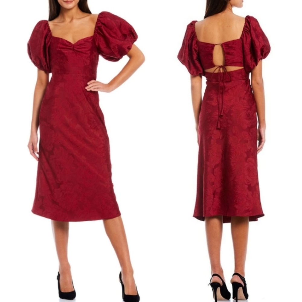 Sachin + Babi Gabby Floral Jacquard Puff Sleeve Cut-Out Back Midi Dress - Picture 1 of 9